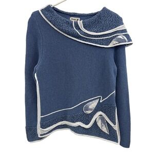 Modas‎ Knitwear Women's Sweater Pullover Blue L Cotton Blend White Appliques